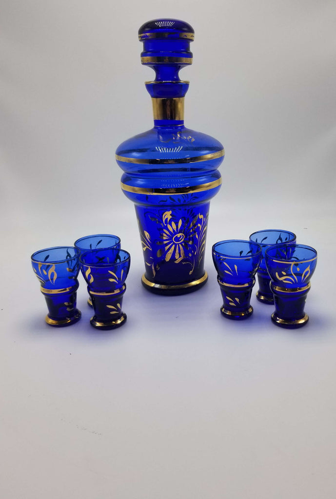 Antique blue colbalt decanter glass set
