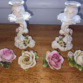 Vintage Dresden Porcelain Rose Candlestick Holders + Handarbeit  KSK Germany Porcelain 3" Roses.