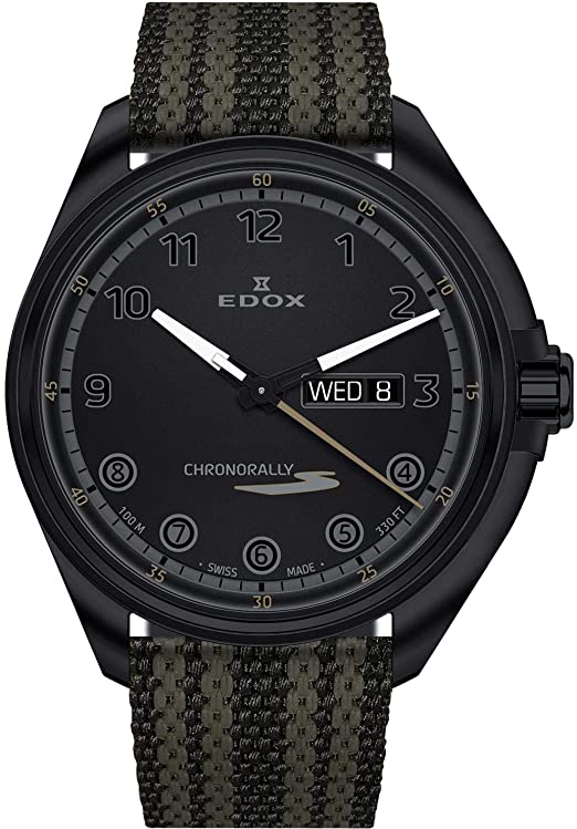 Edox Men's Chronorally-S 43mm Two Tone Nylon Band Steel Case Quartz Black Dial Watch 84301 37NNNAG NNV